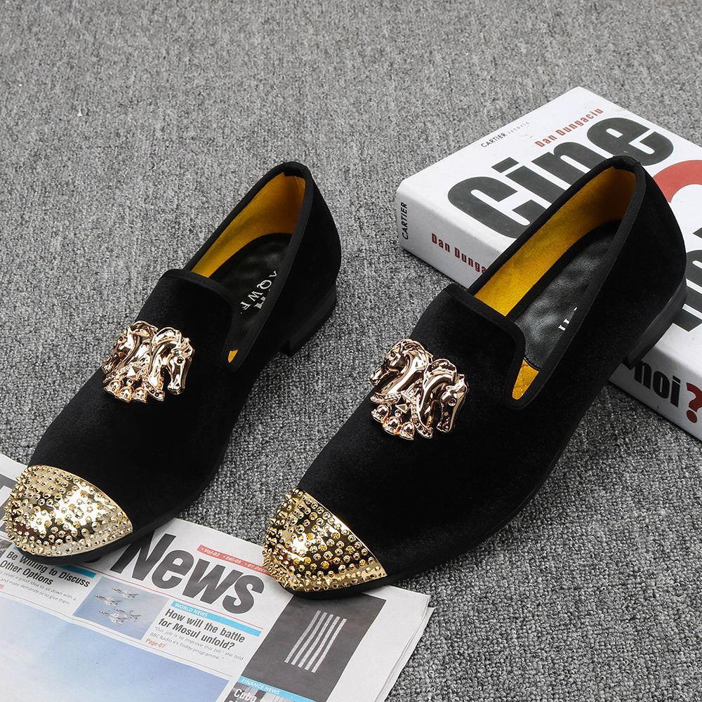Handmade New Gold Toe Men Velvet Loafers Italy Brand Party And Wedding Men Dress Shoes