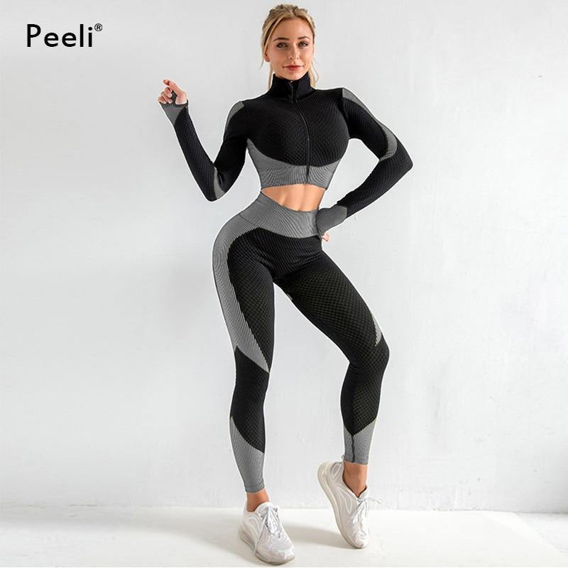 2 PC Long Sleeve Gym Cropped Top Seamless Leggings Yoga Set Workout Clothes Women Sport Suit Fitness Set Sports Bra Sportswear