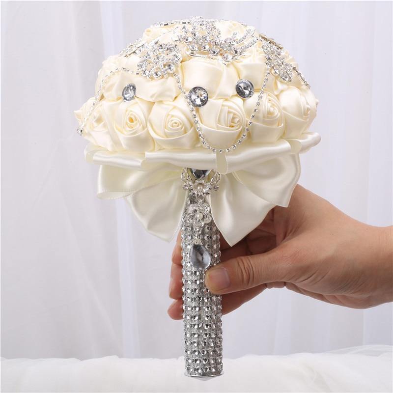 15cm Different Styles Bride Bouquets Bridal Wedding Holding Flowers With Diamond Pearls Ivory Rose Decoration Party Buque Noiva