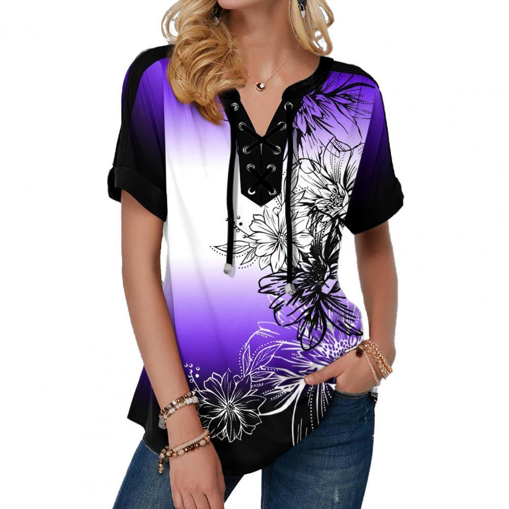 Colorful Print Lacing Women Short Sleeve Loose Blouse - Mercy Abounding
