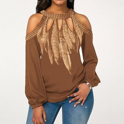 Elegant Women Cold Shoulder Long Sleeve Blouse Round Neck