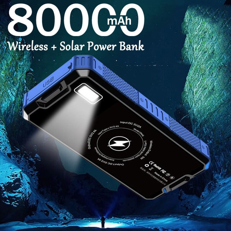 Wireless Solar Panel Power Bank 80000 mA for iPhone Samsung