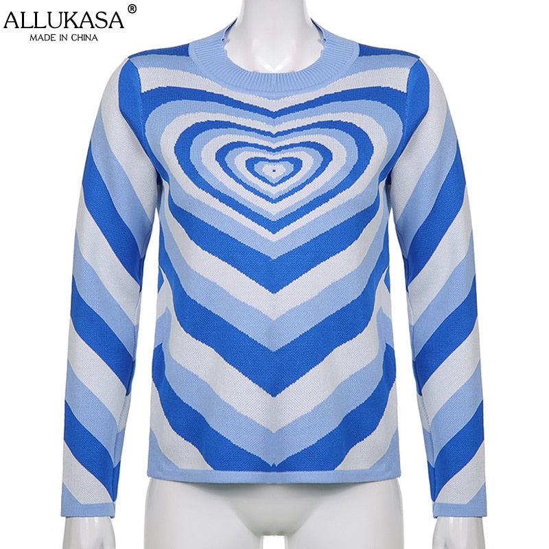 Elegant Women Heart Striped Sweaters  Round Neck