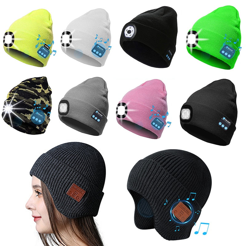 Winter Beanie LED Lighted Knitted Headphones Rechargeable Cap