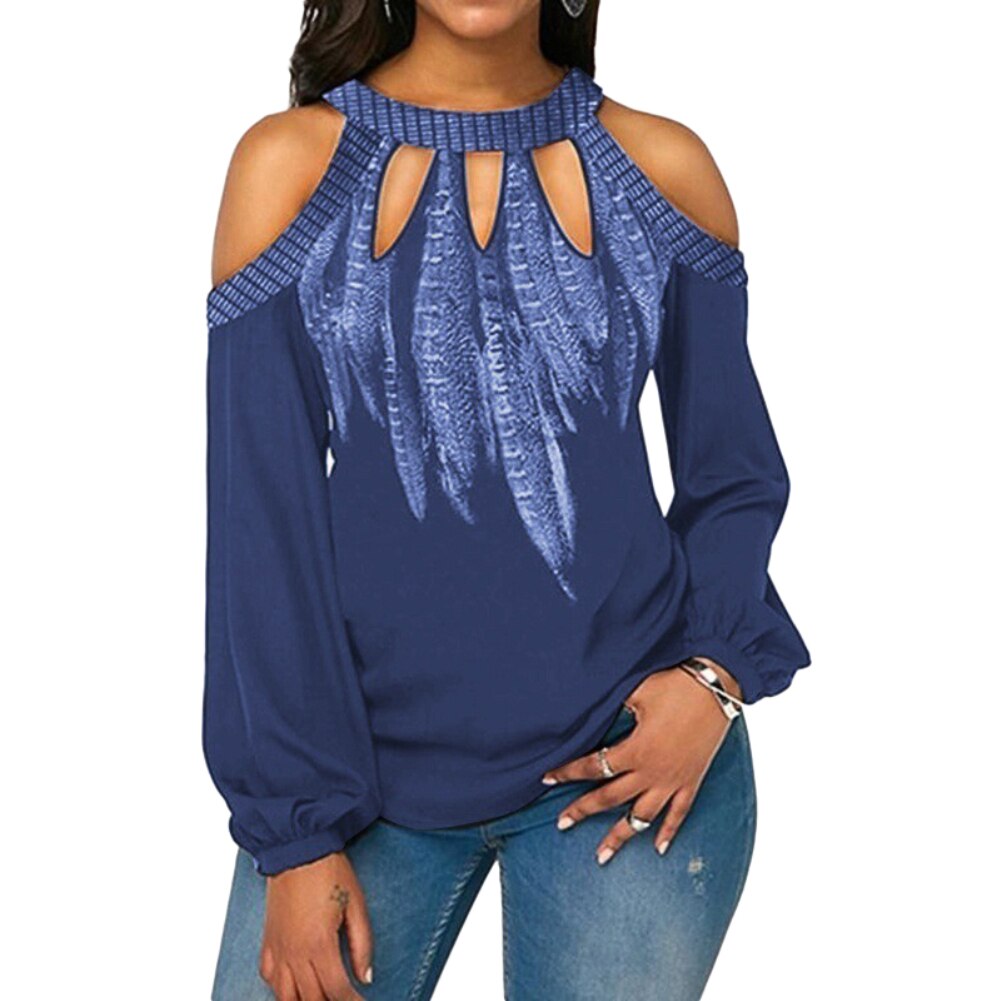 Elegant Women Cold Shoulder Long Sleeve Blouse Round Neck